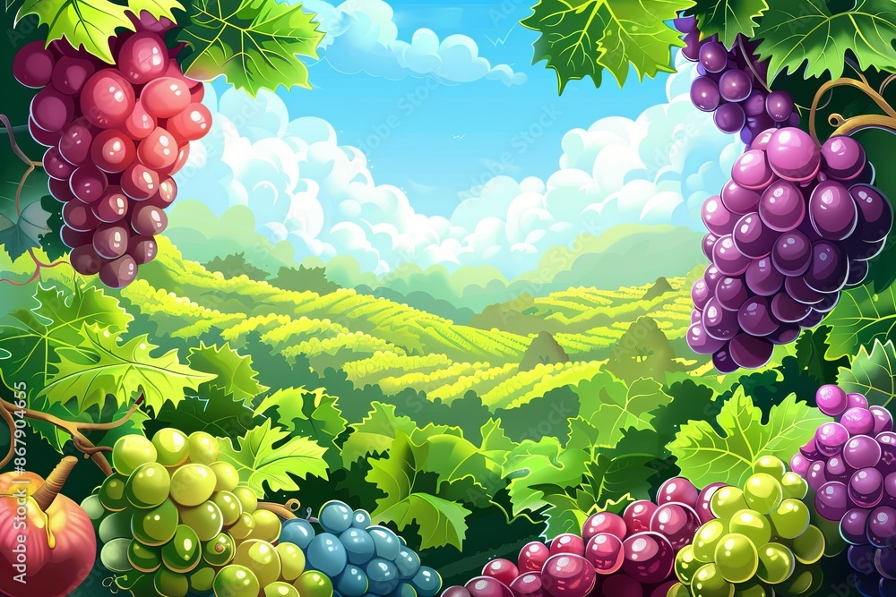 Poster a scenic illustration of a valley with vineyards and grapevines bursting with colorful grapes. gener