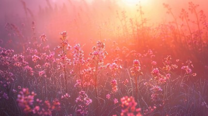 Photo Opportunity at Sunrise on a Pink Meadow for Various Purposes