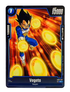 Hamburg, Germany - 06292024: photo of the English dragon ball super paper trading card called Vegeta from the Blazing Aura set on white.