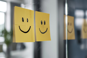 Vibrant and positive office atmosphere with yellow happy smiley sticky notes on modern office wall