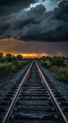 Railroad tracks at sunset under dramatic storm clouds, nature and travel concept