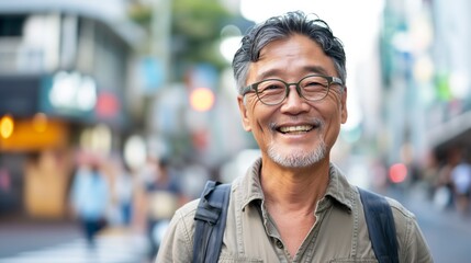 Fototapeta premium A mature Asian man with gray hair and glasses smiles brightly as he walks down a busy city street. He is wearing a light brown button-down shirt and a black backpack.