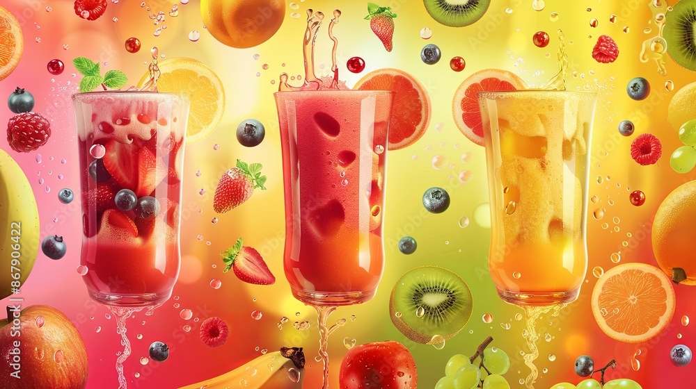 Poster Three glasses of refreshing fruit juices with various fruits and berries splashing around them. Generative AI