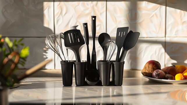 Comprehensive kitchen utensil set including spatulas spoons whisks arranged in a holder on a kitchen counter ideal for cooking and baking