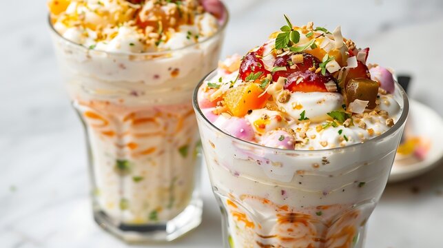 Creamy delicious falooda with layers of sweet ingredients on a white background