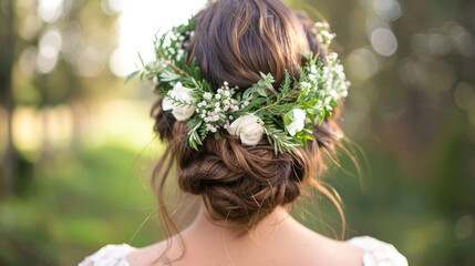 Naklejka premium A woman, seen from behind, has her hair intricately styled in a bun adorned with small white flowers and greenery. The background is softly blurred greenery.