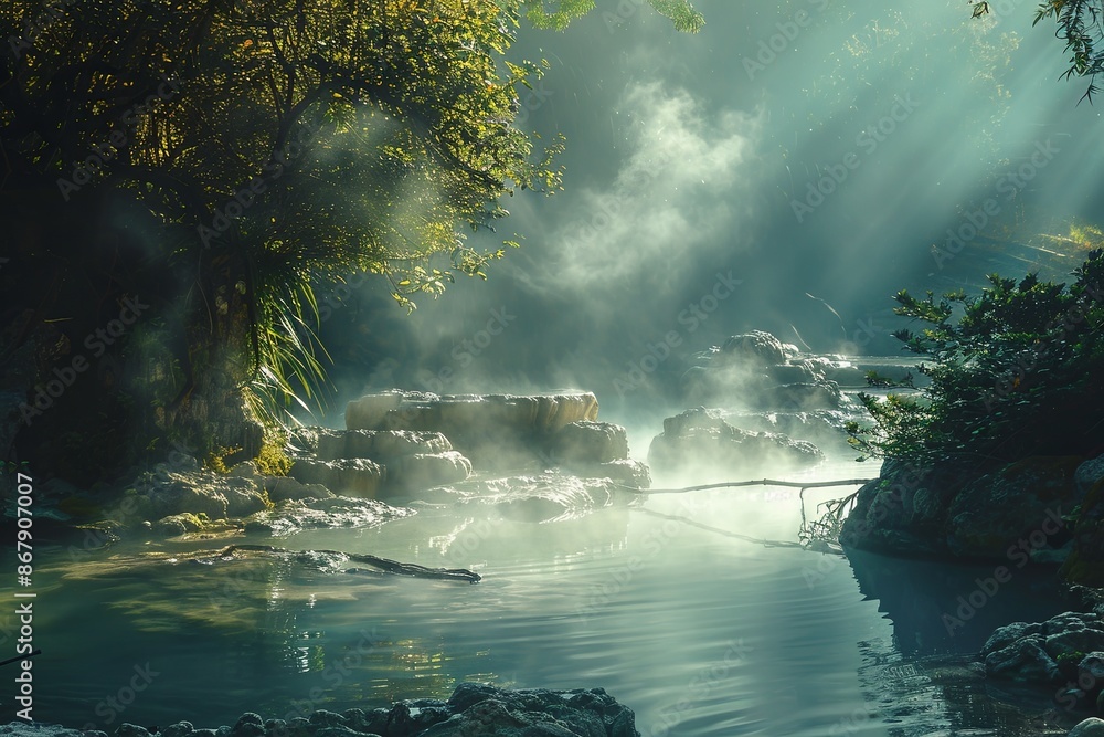 Poster A tranquil scene of a river flowing through a lush green forest with rocks and mist. Generative AI