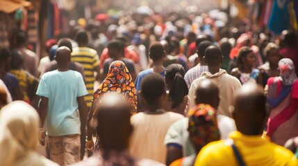 A large group of people walk through a bustling street in an African city, creating a vibrant and colorful scene.