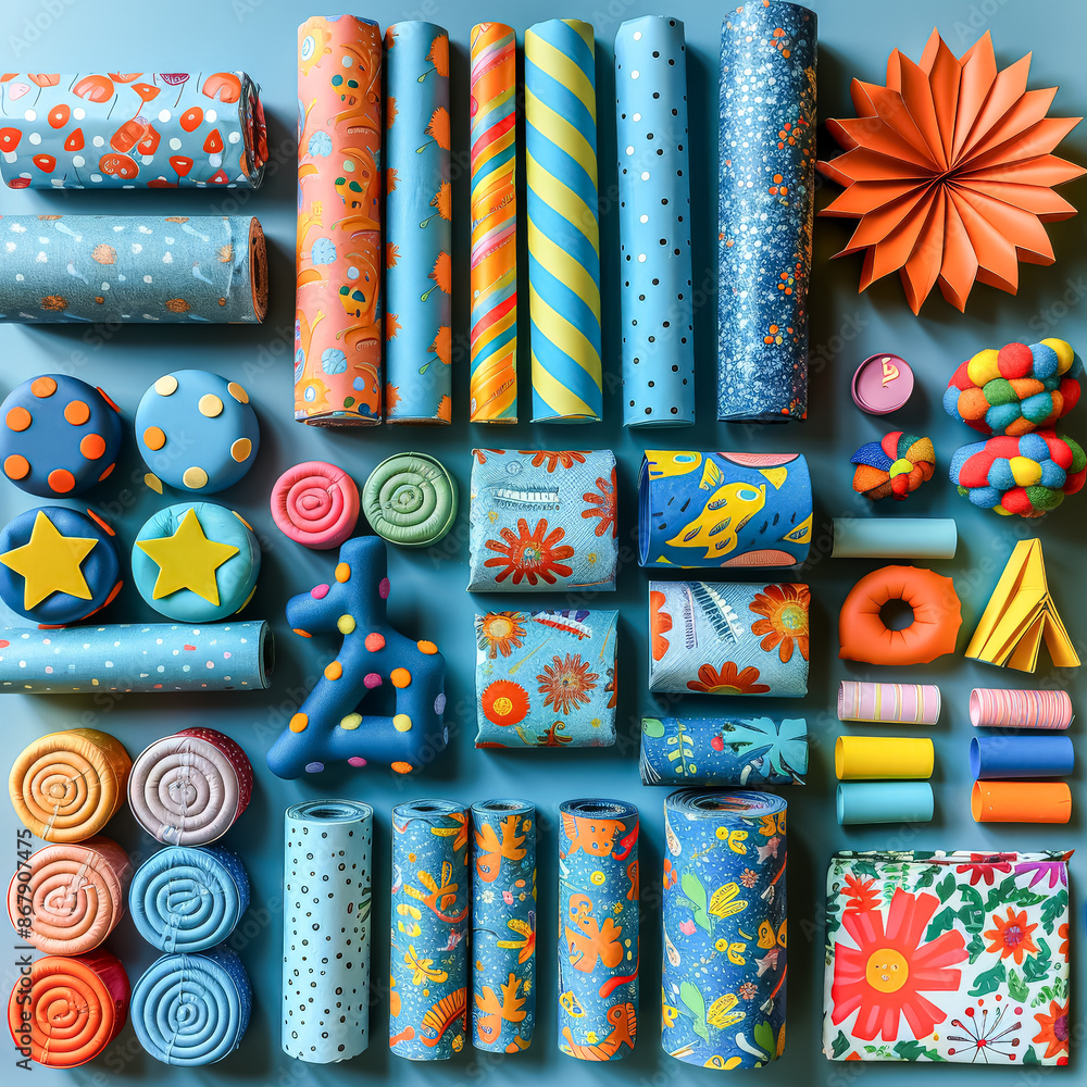 Poster a row of colorful wrapping paper with a variety of patterns and designs.