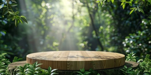 Imagine a serene wooden platform bathed in sunlight within a dense, vibrant forest, surrounded by lush greenery