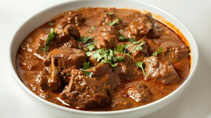 Flavorful mutton korma tender meat pieces in a rich spicy gravy on a white background