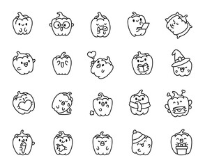 Cute bell pepper. Coloring Page. Adorable cartoon food character. Hand drawn style. Vector drawing. Collection of design elements.