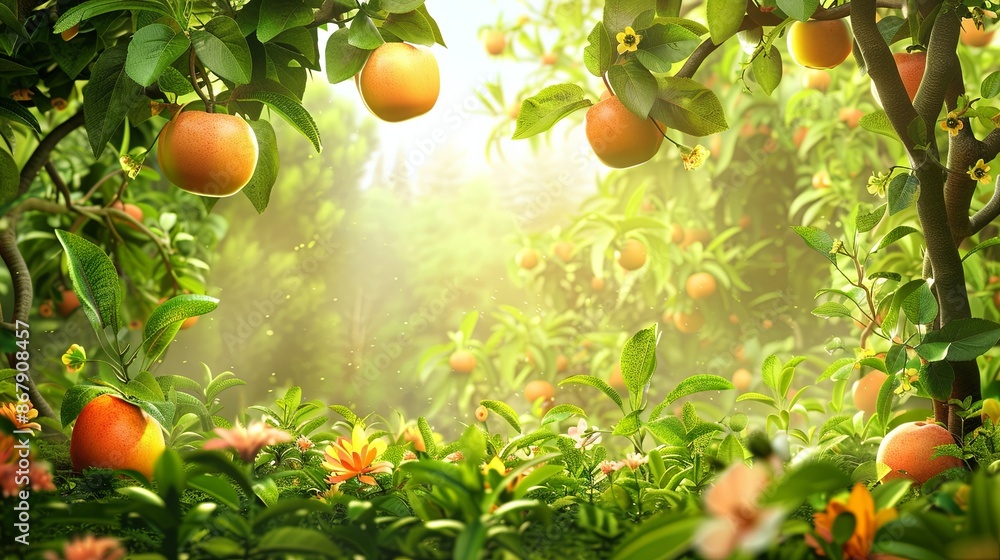 Aufkleber a lush orchard with ripe fruit hanging from branches, bathed in soft, warm sunlight. blooming flower