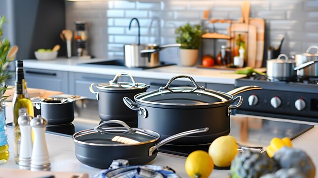Premium cookware set including pots pans with nonstick surfaces beautifully arranged in a modern kitchen ready for gourmet cooking
