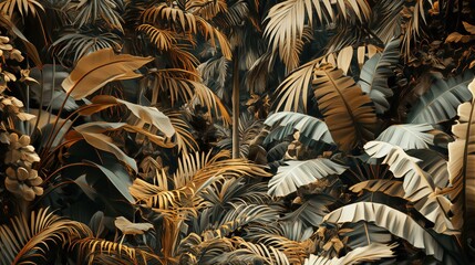 Fototapeta premium Baroque and Rococo inspired rainforest with gold and white foliage