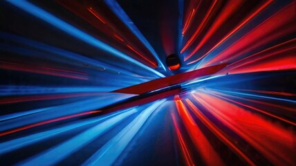 a red and blue light trail in a dark room