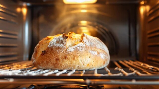 Bread baked in a combi oven, captured at the moment of golden browning. Concepts of cooking, home baking, food and gastronomy.