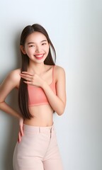 Naklejka premium Asian beauty, Asian model, cosmetics model, model, white background, makeup, long hair, girl, girl, sexy beauty, beauty wallpaper, elegant beauty, fresh beauty, skincare 