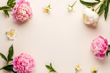 Elegant pink peonies on beige backdrop with copy space