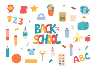 Back to School vector set. Cute funny educational supplies. Lettering and office stationery elements. Colorful hand drawn doodle illustrations collection