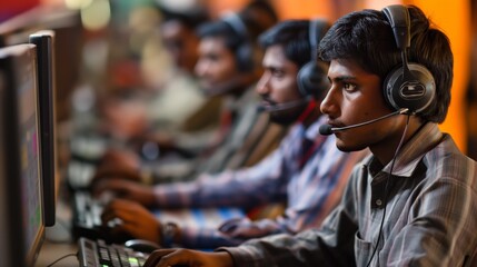 A group of young men work at a call center in India, wearing headsets and focusing on their computer screens. They are likely engaging in customer service or technical support.