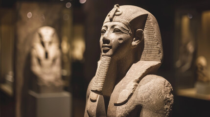 A beautifully detailed statue of an ancient Egyptian pharaoh is on display in a dimly lit museum, highlighting its majestic and historical significance.