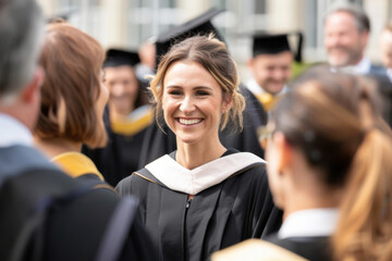 Fototapeta premium Happy graduate celebrating with friends after the graduation ceremony, wearing a cap and gown outdoors on a sunny day.