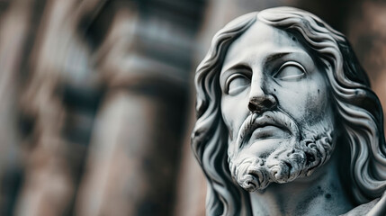 Close-up of a detailed statue of Jesus Christ with a serene expression, located in a church. The image emphasizes the intricate facial features and evokes a sense of peace and spirituality. 