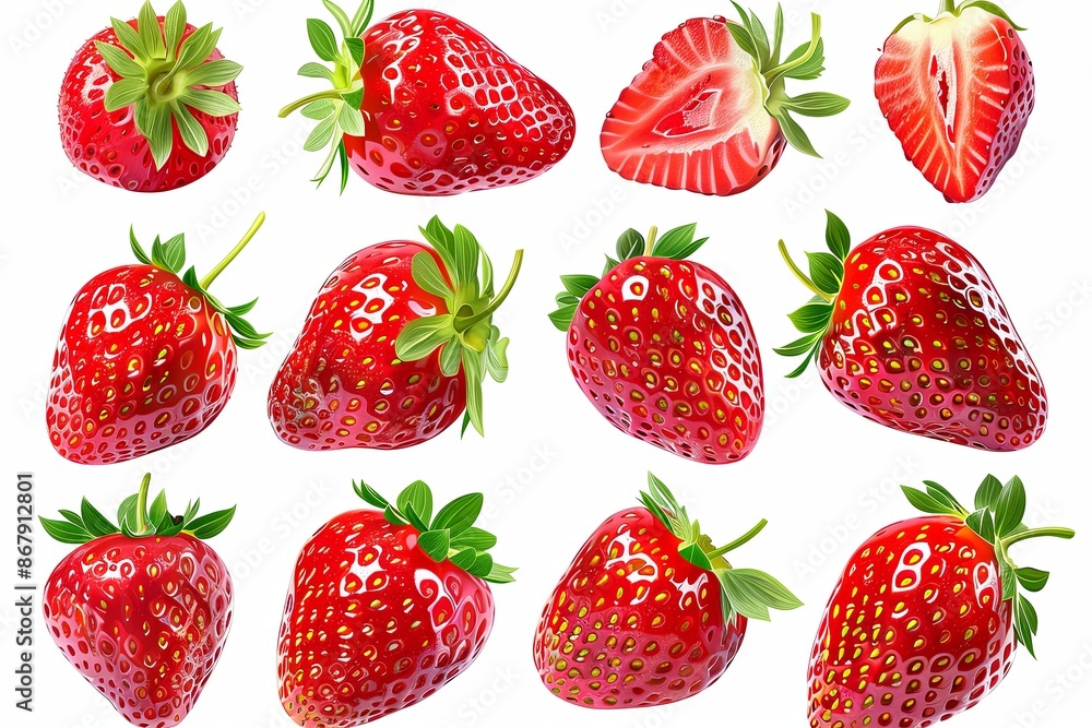 Aufkleber A collection of fresh, red strawberries isolated on a white background. The strawberries are shown in various angles, including whole, halved, and sliced. Generative AI