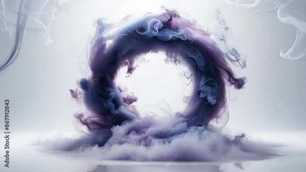 Poster a close-up image of purple and blue ink swirling in the air and creating a circular shape, like an i