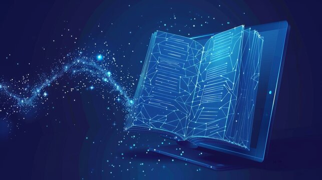 A low-poly wireframe image of an open book on a PC screen symbolizes online education. This abstract digital vector illustration represents online reading or courses with a blue background.