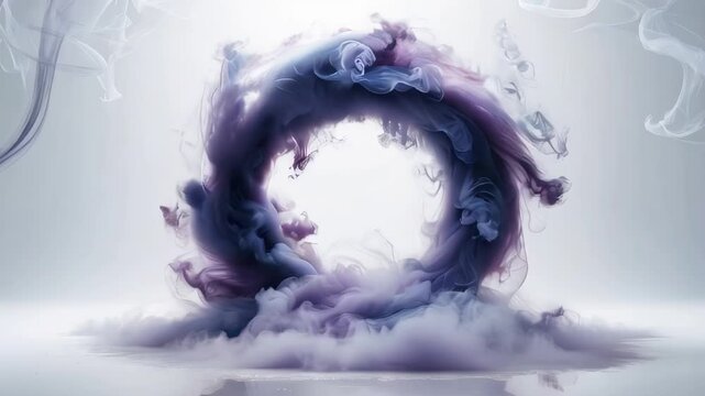 A close-up image of purple and blue ink swirling in the air and creating a circular shape, like an interdimensional portal with a white background