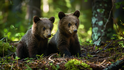 Fototapeta premium Two young brown bear cub in the forest, AI Generative.