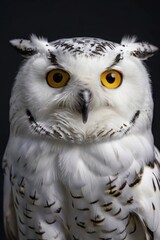 A white owl with yellow eyes is looking at the camera