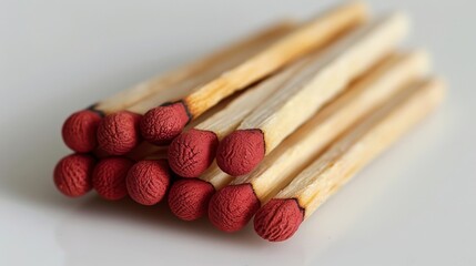 Stack of red-tipped wooden matchsticks on white surface, close-up view. Flammable object and safety concept.
