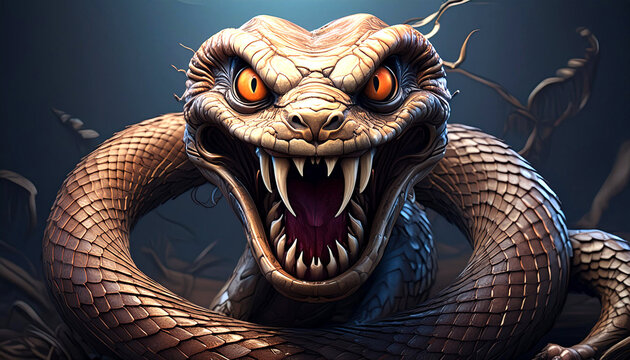 Illustration of a creepy and scary snake with big teeth
