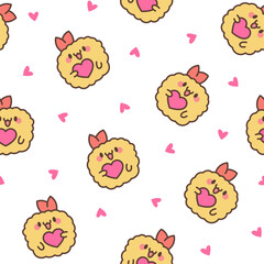 Fototapeta premium Cute happy kawaii tempura shrimp. Seamless pattern. Funny cartoon food character. Hand drawn style. Vector drawing. Design ornaments.