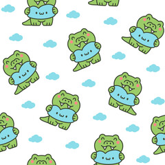 Funny crocodile character with happy face. Seamless pattern. Cartoon kawaii alligator. Hand drawn style. Vector drawing. Design ornaments.