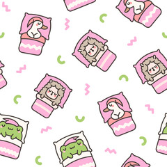 Cute sleeping animals in bed. Seamless pattern. Night dream. Cartoon adorable characters. Hand drawn style. Vector drawing. Design ornaments.