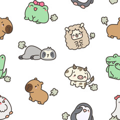 Obraz premium Cute and funny farting animals. Seamless pattern. Cartoon characters. Hand drawn style. Vector drawing. Design ornaments.
