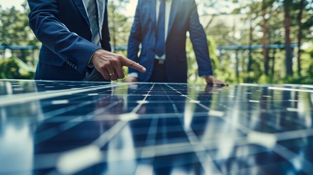 Business Professionals Discussing Solar Panel Implementation for Sustainable Energy Projects, Generative AI