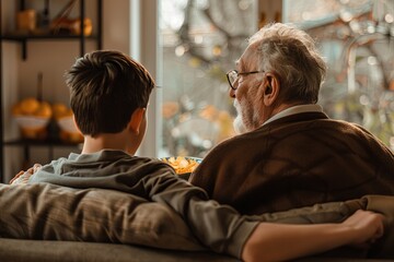 Obraz premium Grandfather and Grandson Watching Football on the Couch Together