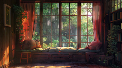 cozy window seat showing green trees outside 