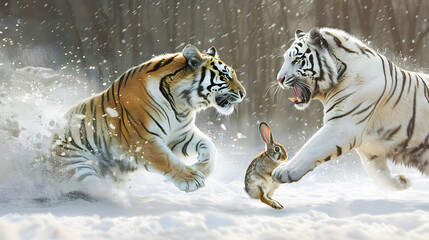 Obraz premium White Tiger Chasing Wild Rabbit at High Speed Through Snowy Wilderness Landscape