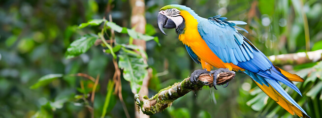 Obraz premium Stunning Blue and Yellow Macaw Parrot Perched on Tropical Tree Branch in a Lush Rainforest Environment Showcasing its Vibrant Plumage and Exotic Beauty