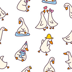 Funny goose characters. Seamless pattern. Cute cartoon kawaii duck. Hand drawn style. Vector drawing. Design ornaments.