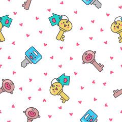 Naklejka premium Cute kawaii key. Seamless pattern. Funny cartoon character. Hand drawn style. Vector drawing. Design ornaments.