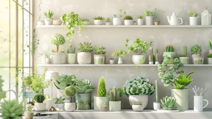 Floral Arrangement with Succulents in Green Plants and White Pots on Tables and Shelves