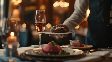 Fototapeta premium For a luxurious Valentine's Day or anniversary meal, enjoy fine dining with formal hospitality. A server will present a fancy dish for your special dinner date at the restaurant.