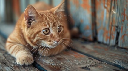 Close up view of cat on wooden background